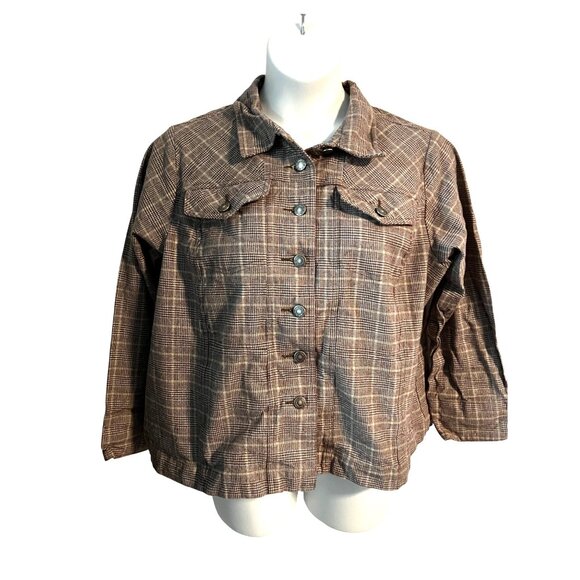 Denim & Co Brown Plaid Button Up Blazer Jacket Size 1X Cotton Shacket - Picture 1 of 8